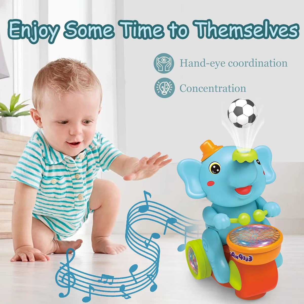 Baby Crawling Toy: Electronic Walking Elephant Drummer with Floating Ball, LED Lights, Music & Sounds | Interactive Sensory Toy